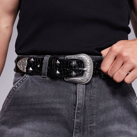 ASOS DESIGN Western Crystal studded Belt in Black Croc Faux Leather, Unisex. NWT - Picture 1 of 6
